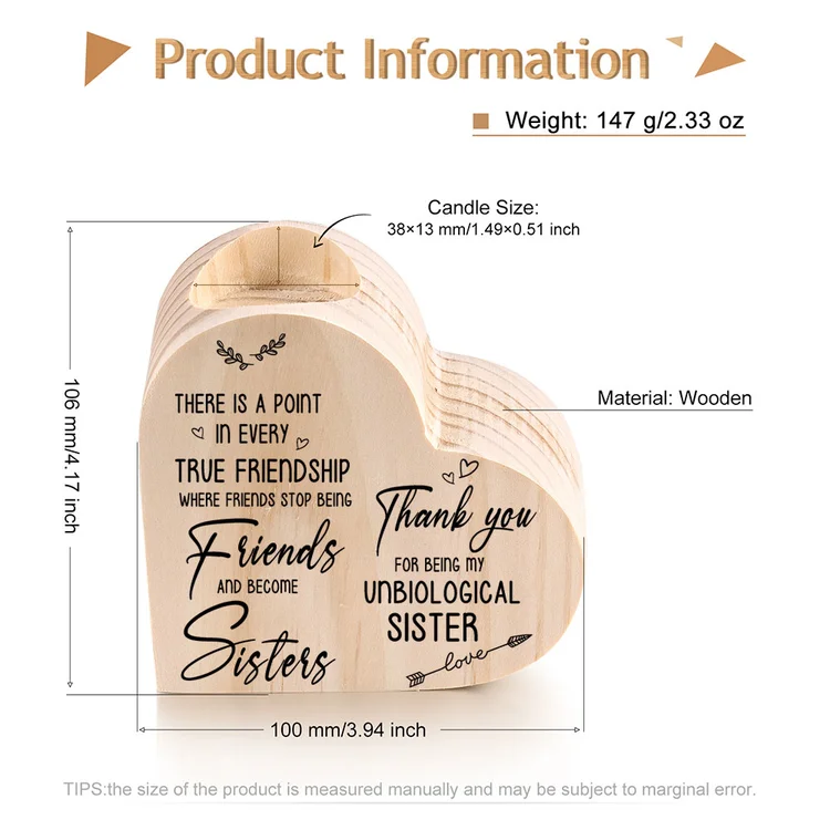 To My Sister Heart Candle Holder Thank You for Being My Unbiological Sister Wooden Candlestick-Jessemade AU