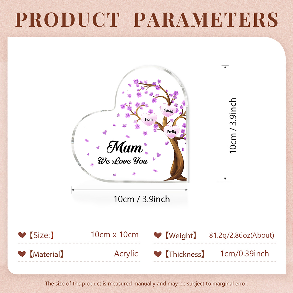 3 Names - Personalised Acrylic Heart Keepsake Custom Text Purple Flowers Tree Ornaments Gifts for Grandma/Mother-Jessemade AU