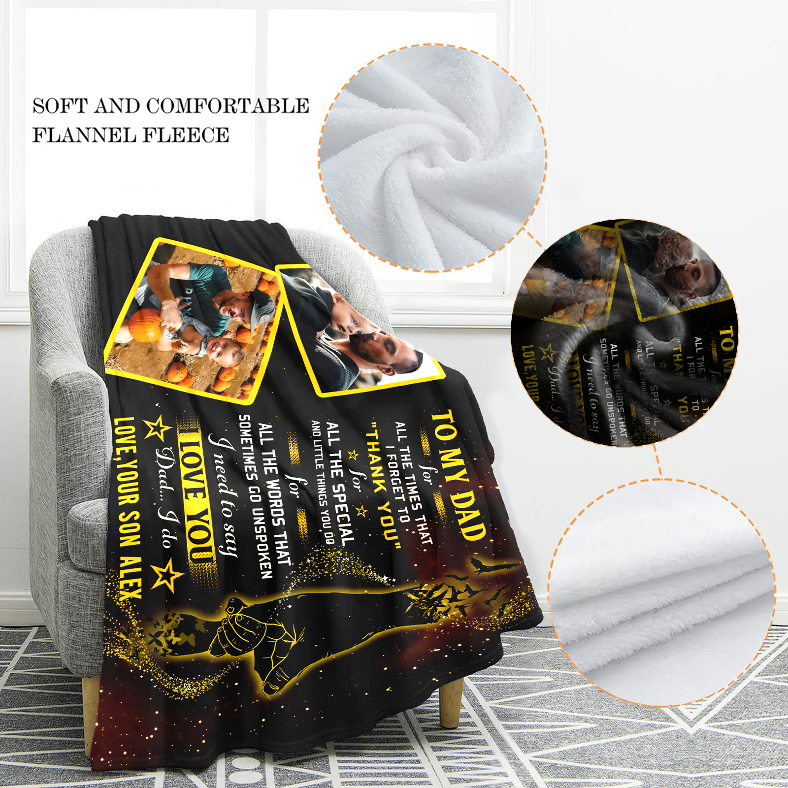 Personalized Fleece Blanket Custom 2 Photos and 1 Name Father's Day Gift for Dad-Jessemade AU