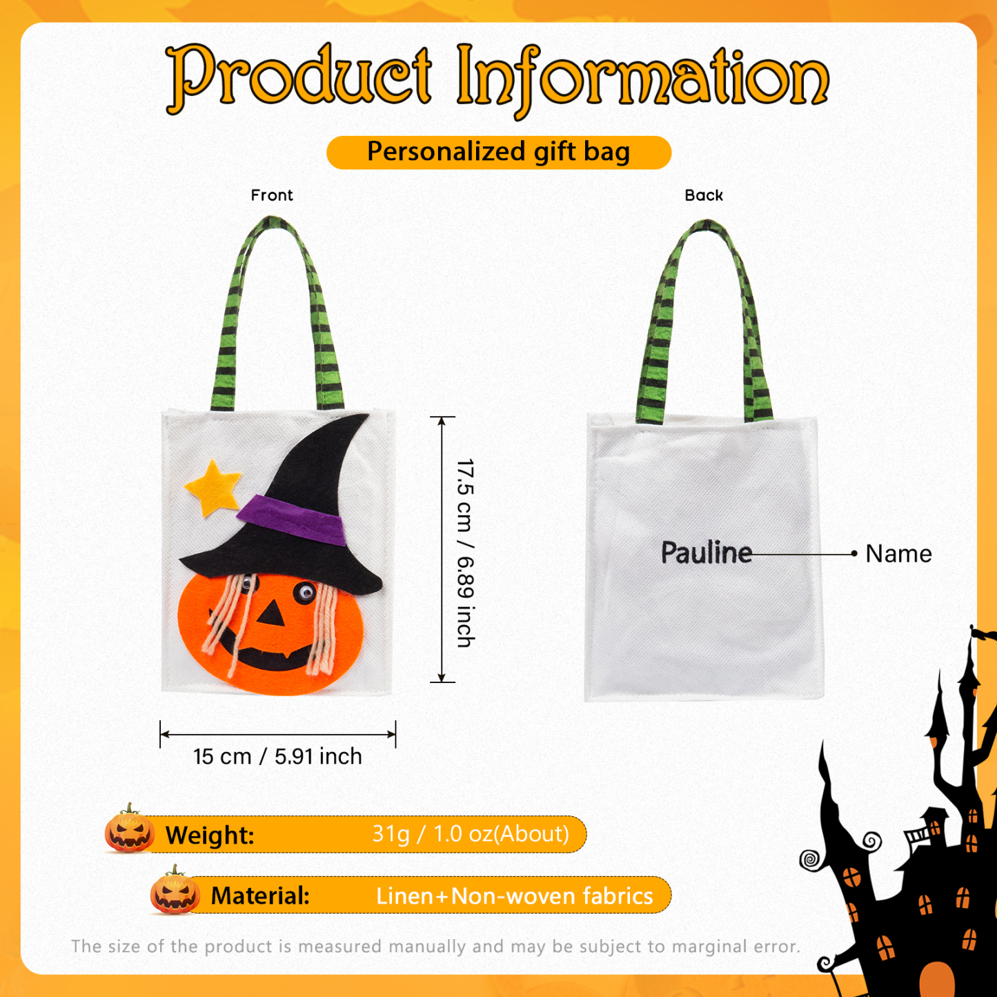 Personalised Halloween Tote Bags Custom 1 Name Halloween Trick or Treat Candy Bags-Jessemade AU