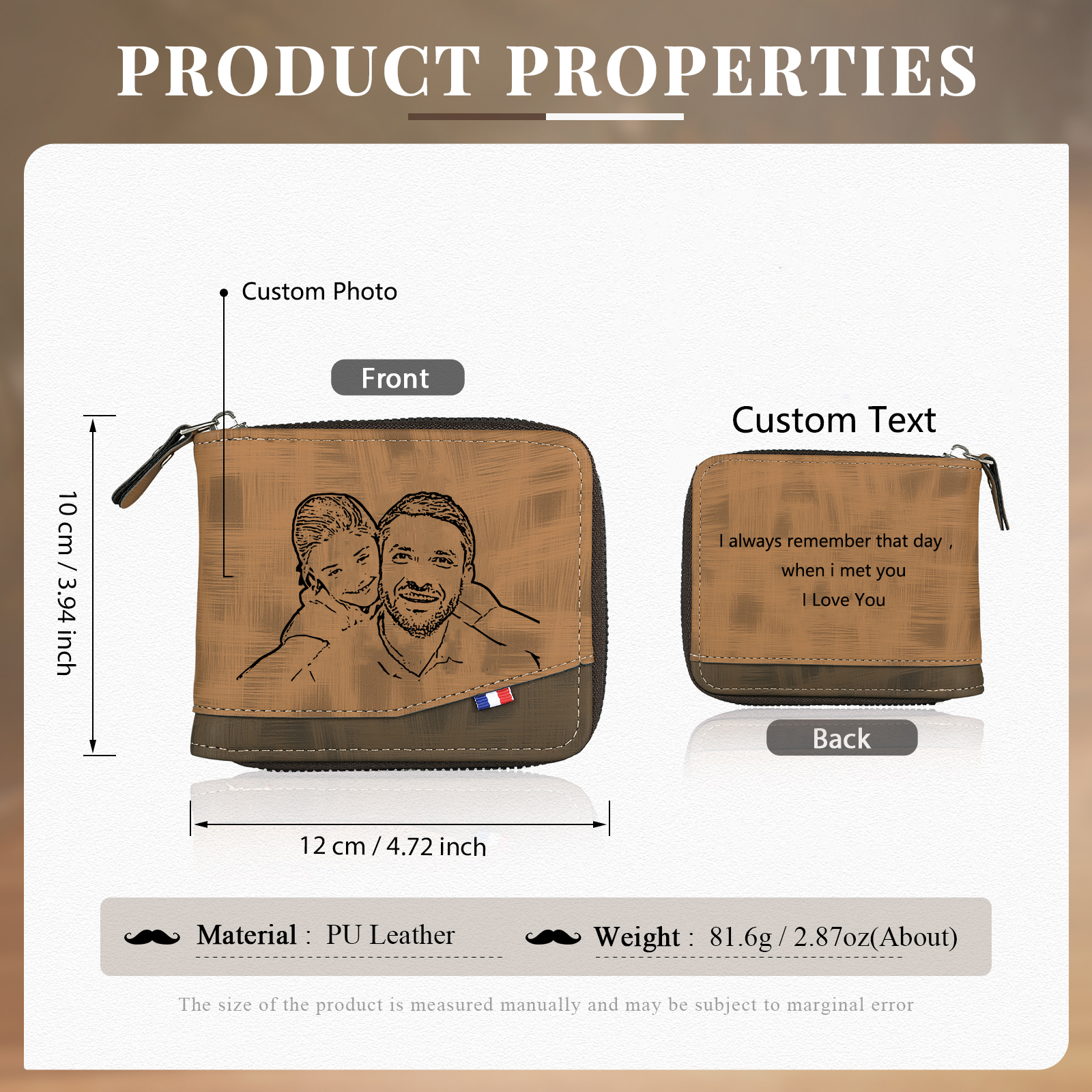 Personalised Photo & Text Billfold Wallet Custom Men's Leather Wallet Zipper Gifts for Him Brown-Jessemade AU