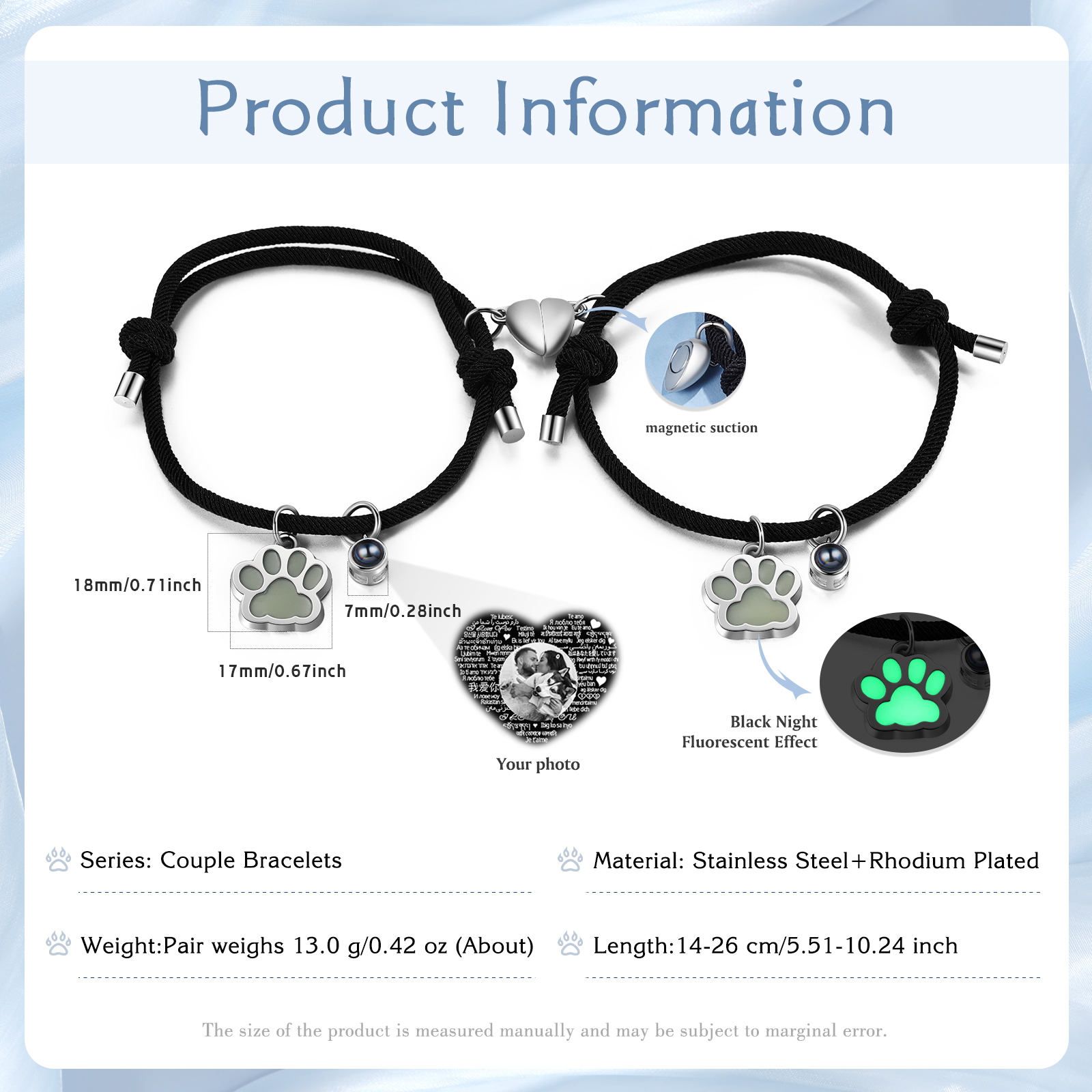 Personalised Photo Projection Bracelet Set Dog Paw Fluorescent Magnetic Bracelet Matching Gifts For Couples/Friends-Jessemade AU