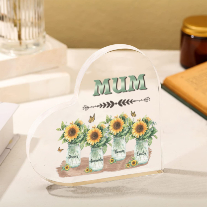 Personalised Acrylic Heart Keepsake Custom 4 Names & 1 Text Sunflower Vase Ornament Gifts for Mother/Grandma-Jessemade AU