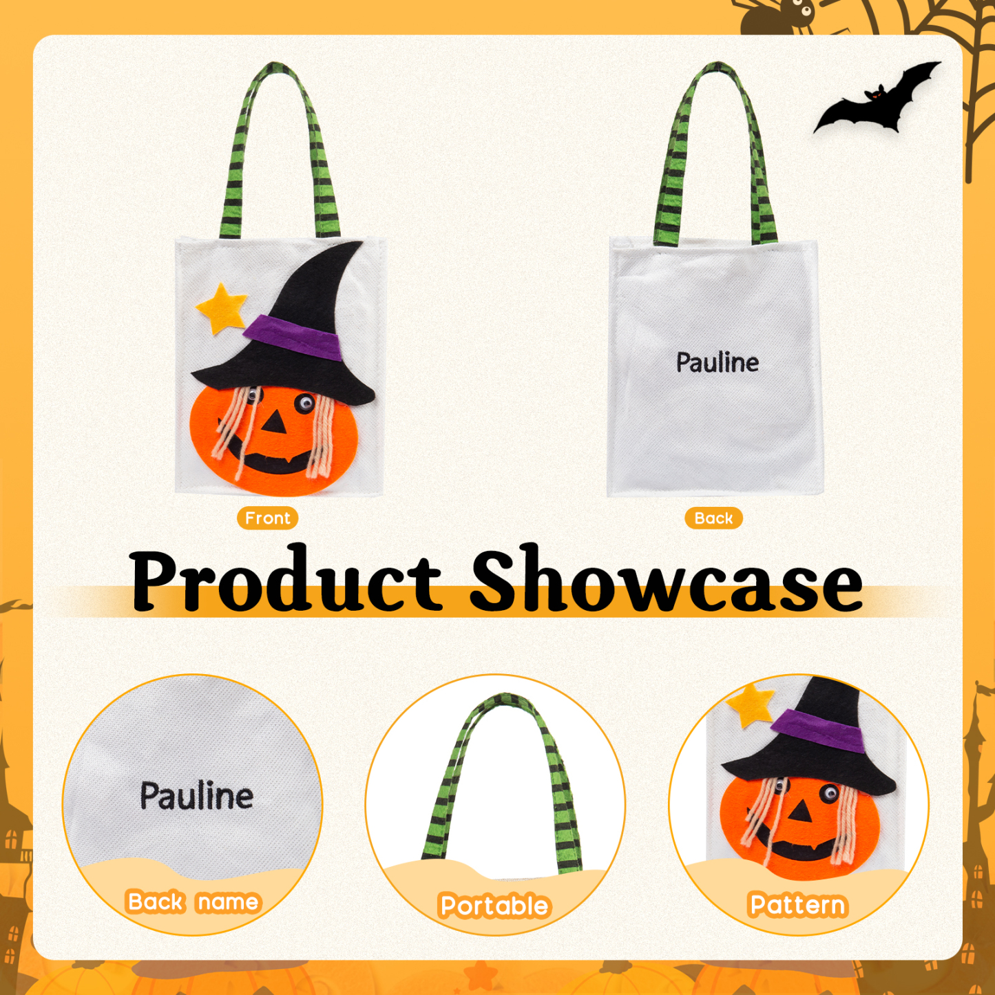 Personalised Halloween Tote Bags Custom 1 Name Halloween Trick or Treat Candy Bags-Jessemade AU