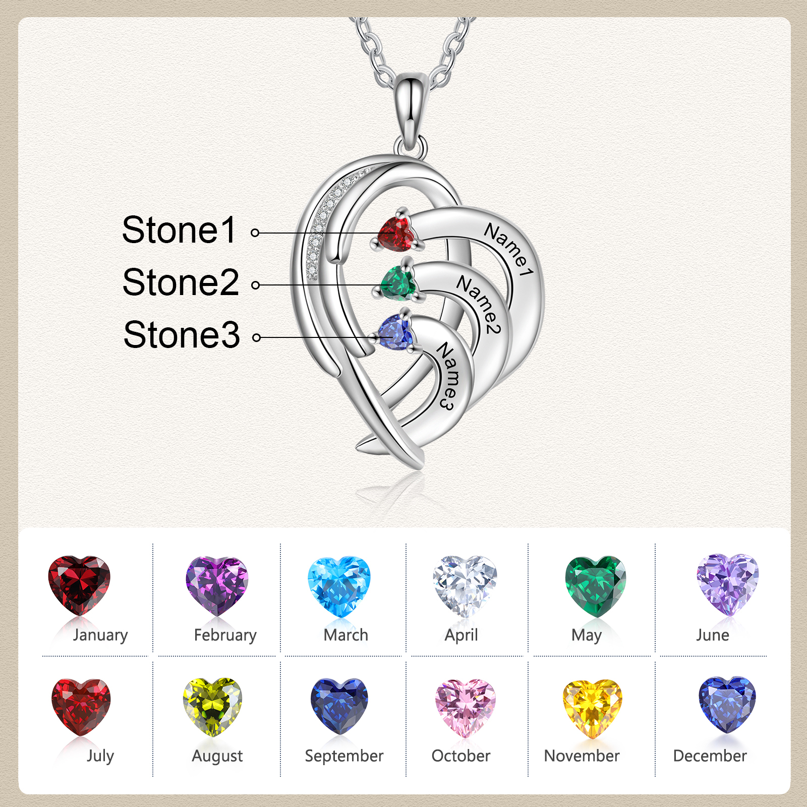 Personalised Heart Wings Necklace With 3 Birthstones Custom Names Necklace Gift For Her-Jessemade AU