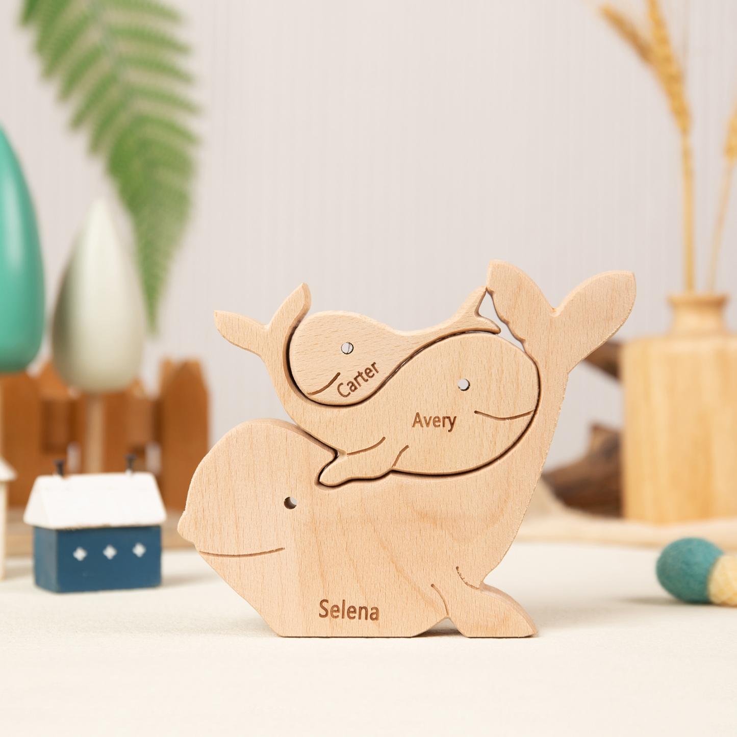 Personalised Wooden Animal Puzzle Custom 3 Names Puzzle Whale Bear Rabbit Hug Ornament Gifts for Family-Jessemade AU
