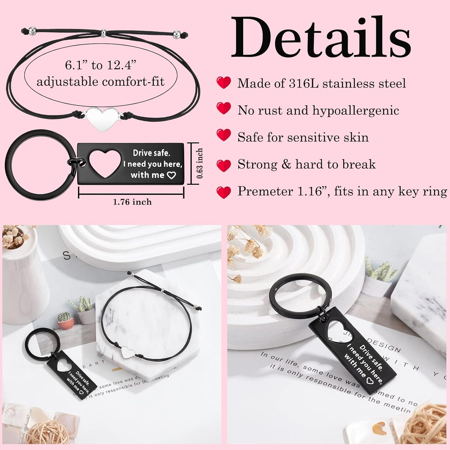 Matching Keychain Bracelet Set Heart Keychain Adjustable Bracelet with Message Card Gifts for Couple - Drive Safe I Need You Here With Me-Jessemade AU