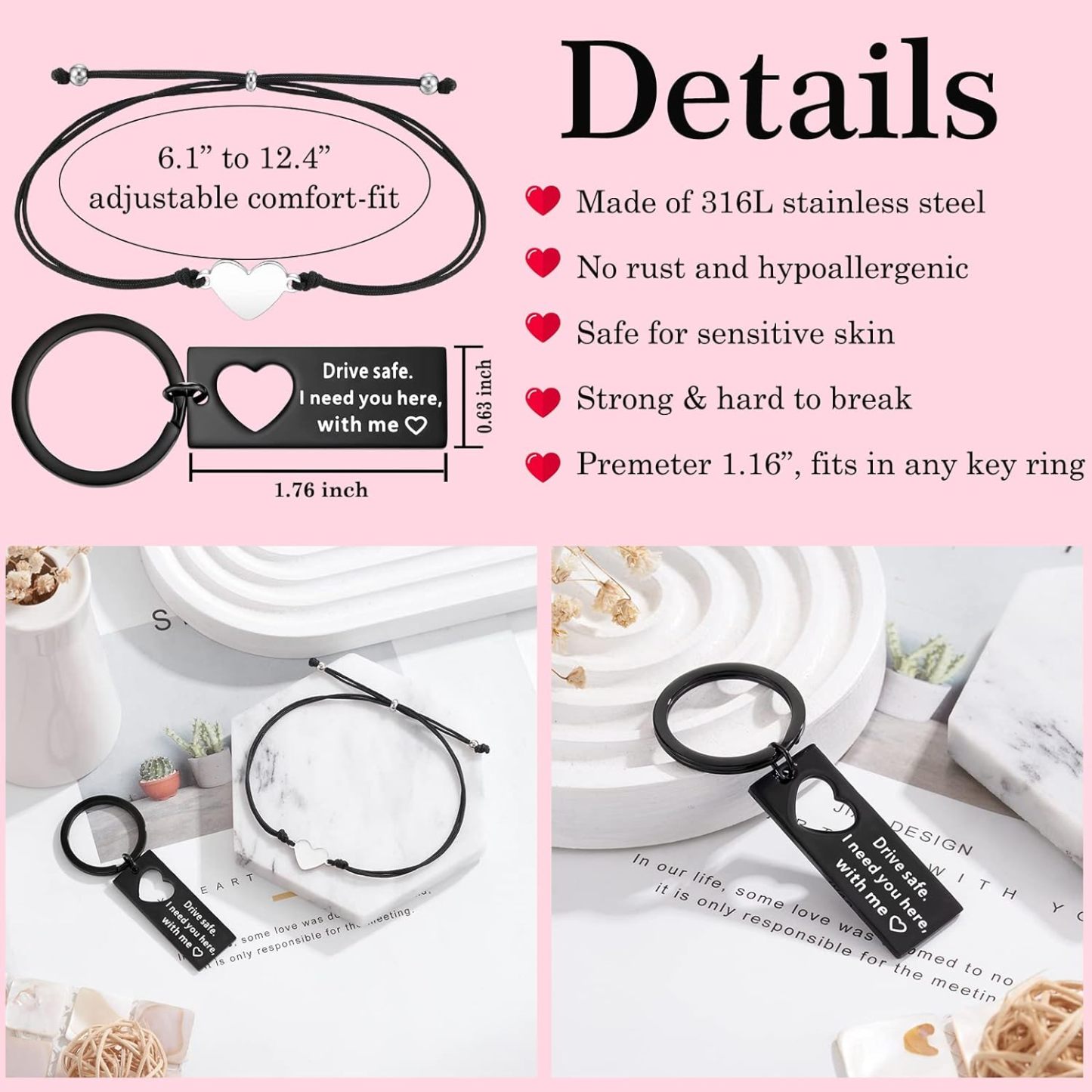Matching Keychain Bracelet Set Heart Keychain Adjustable Bracelet with Message Card Gifts for Couple - Drive Safe I Need You Here With Me-Jessemade AU
