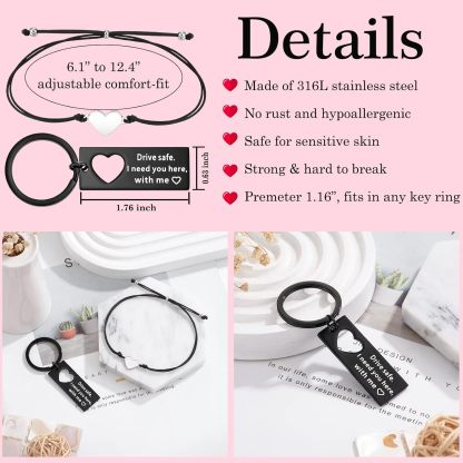 Matching Keychain Bracelet Set Heart Keychain Adjustable Bracelet with Message Card Gifts for Couple - Drive Safe I Need You Here With Me-Jessemade AU