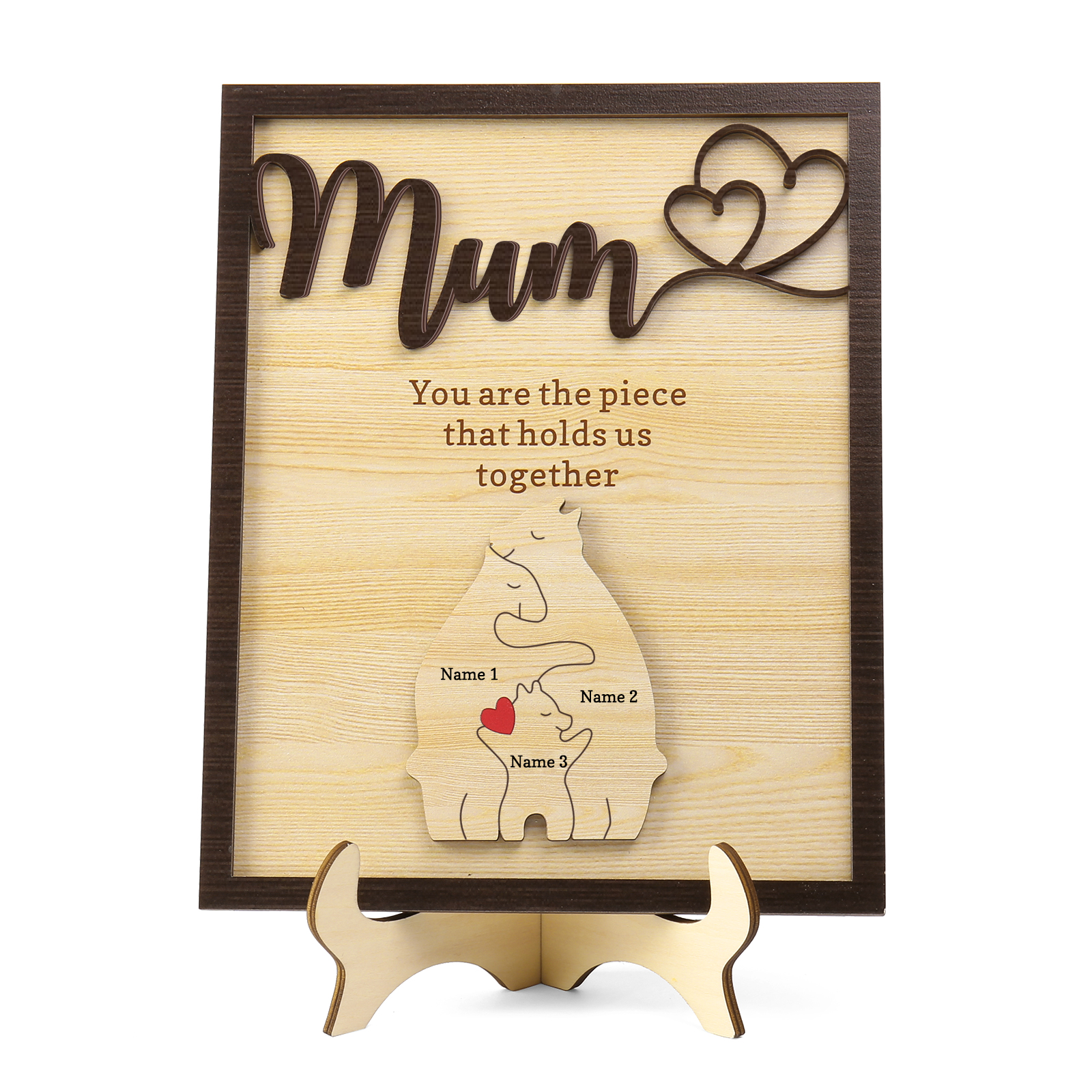 Personalised Bear Puzzle Pieces Wooden Plaque Custom 3 Names Family Ornament With Stand Gifts for Mum - You Are The Piece That Holds Us Together-Jessemade AU