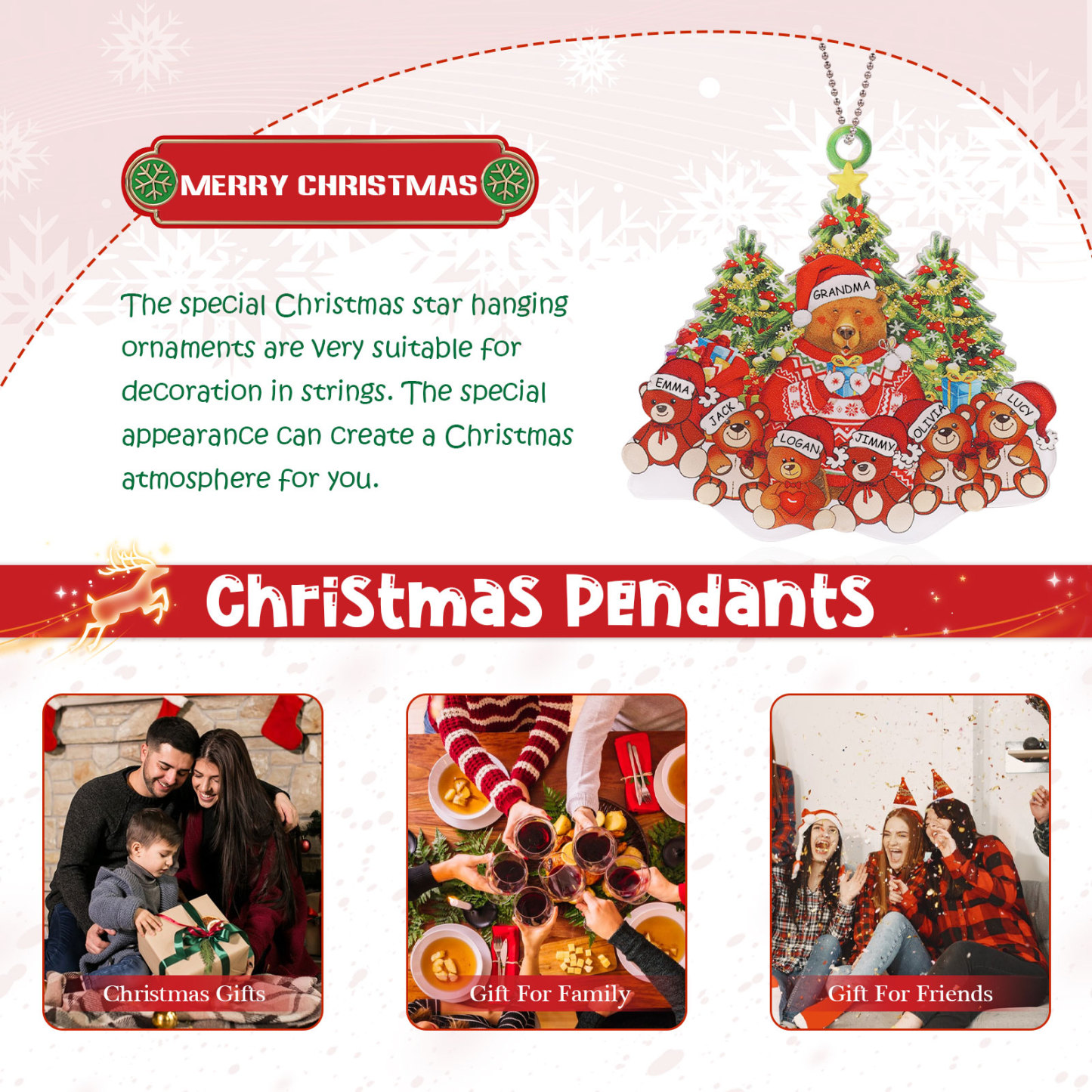 7 Names - Personalised Acrylic Christmas Bear Ornaments Customised Text & Name Xmas Pendant Gifts for Family-Jessemade AU