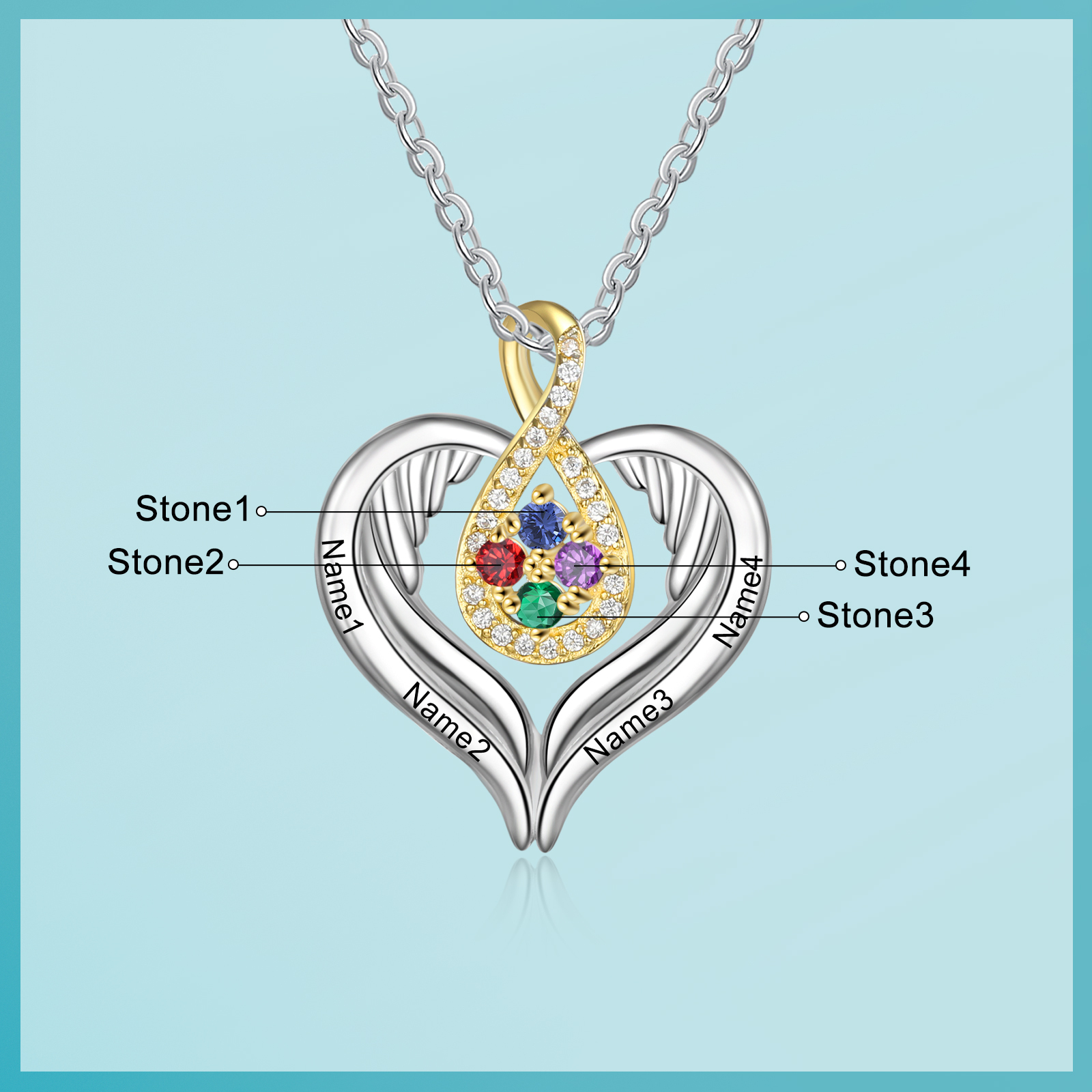 Personalised Drop Heart wings Necklace with 4 Birthstones Engraved Names Best Gift For Women-Jessemade AU