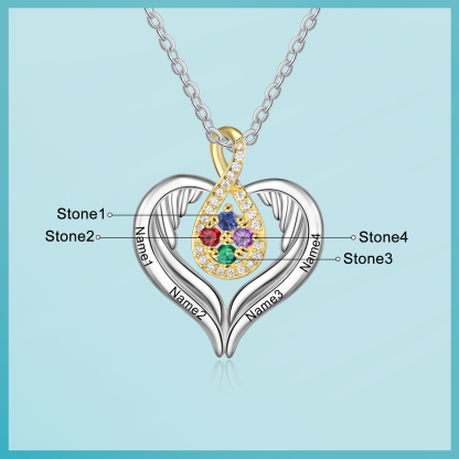 Personalised Drop Heart wings Necklace with 4 Birthstones Engraved Names Best Gift For Women-Jessemade AU