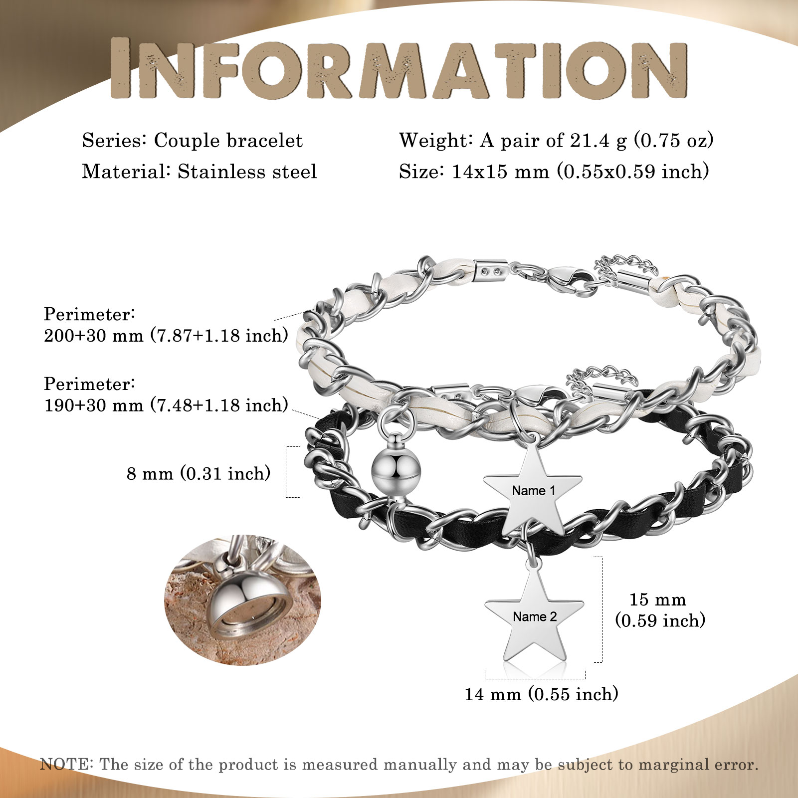 Personalised 2 Names Couple Bracelet Set Adjustable Bracelet Star Gift for Couples-Jessemade AU