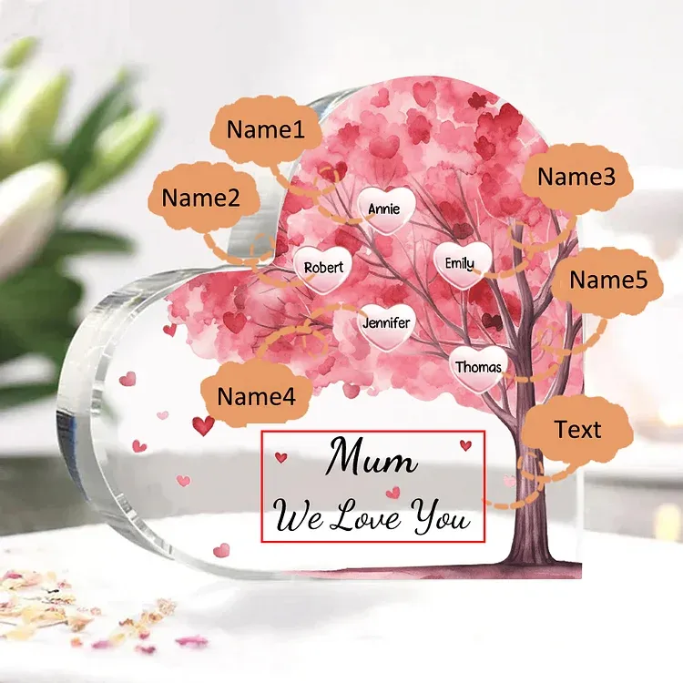 5 Names - Personalised Acrylic Heart Keepsake Custom Text Pink Tree Ornaments Gifts for Grandma/Mother-Jessemade AU