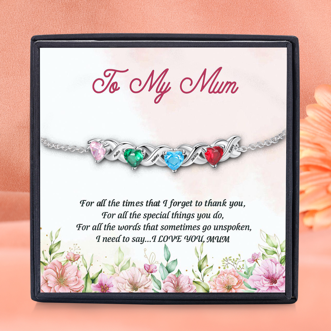 Personalised Bracelet With 4 Heart Birthstones Engraved Names Bracelet Gift For Women-Jessemade AU