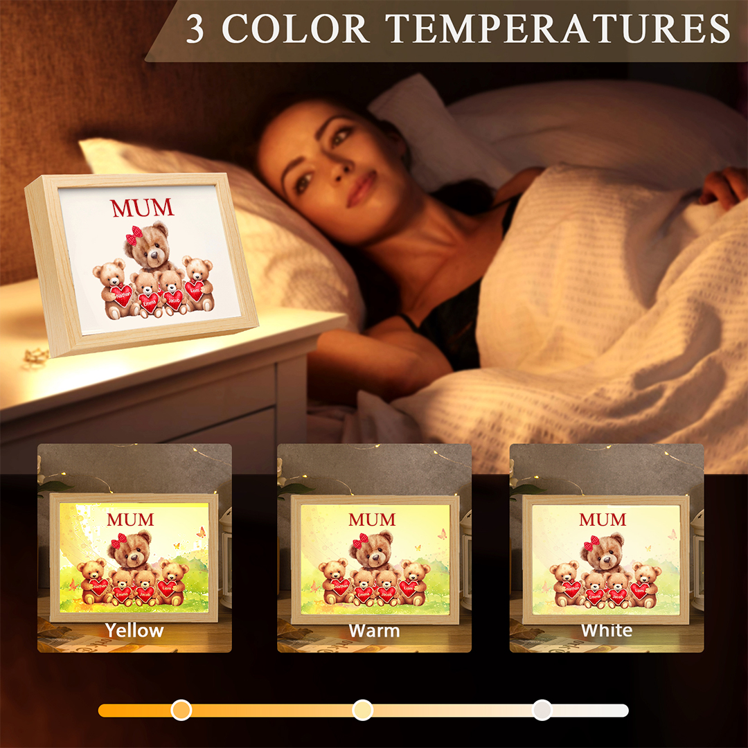 Personalised Frame Night Light Custom 1 Text  & 4 Names Teddy Bears Family Ornament Gifts for Mother/Grandma-Jessemade AU