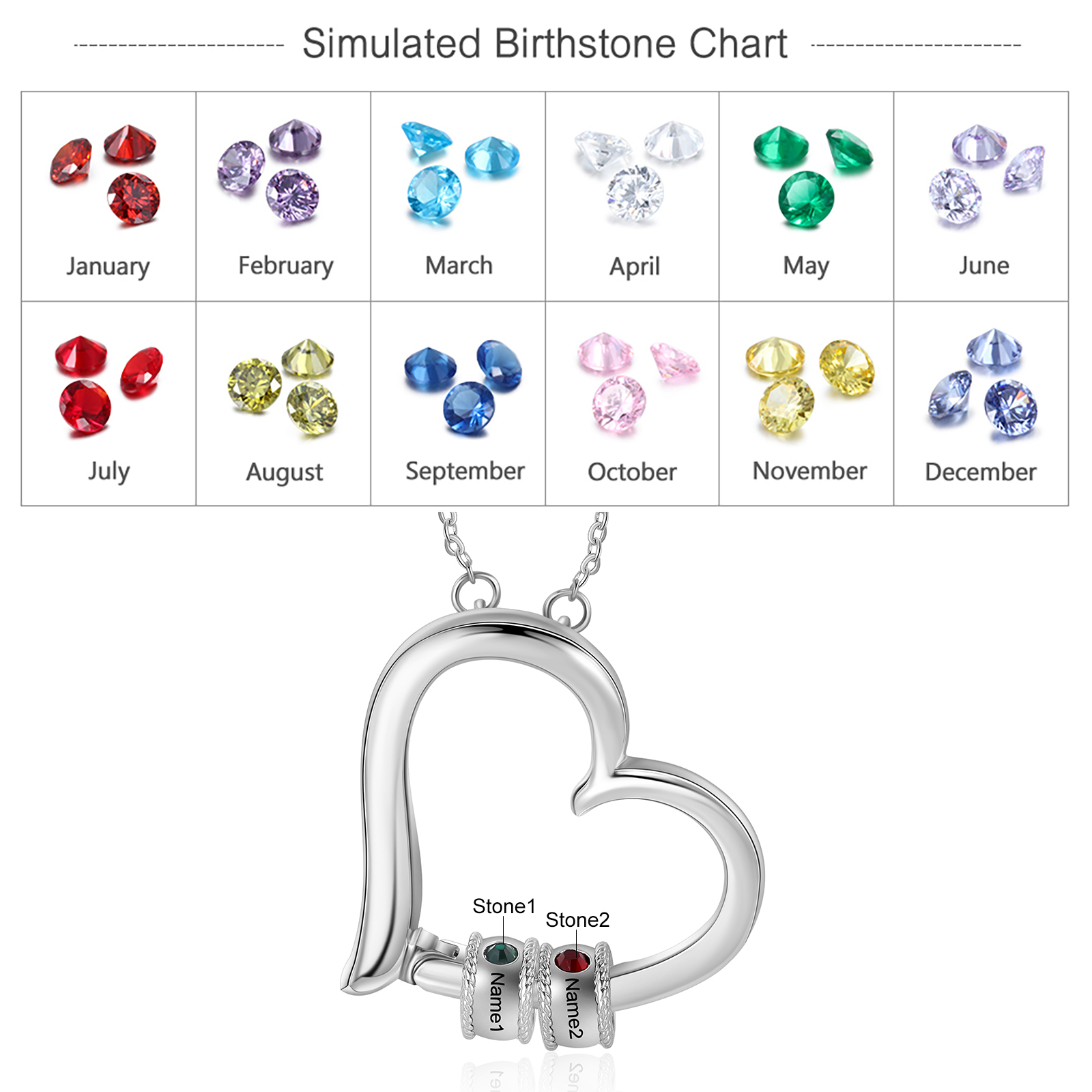 Customised Heart Necklace With 2 Birthstones Engraved Family Names Necklace Gift for Her-Jessemade AU