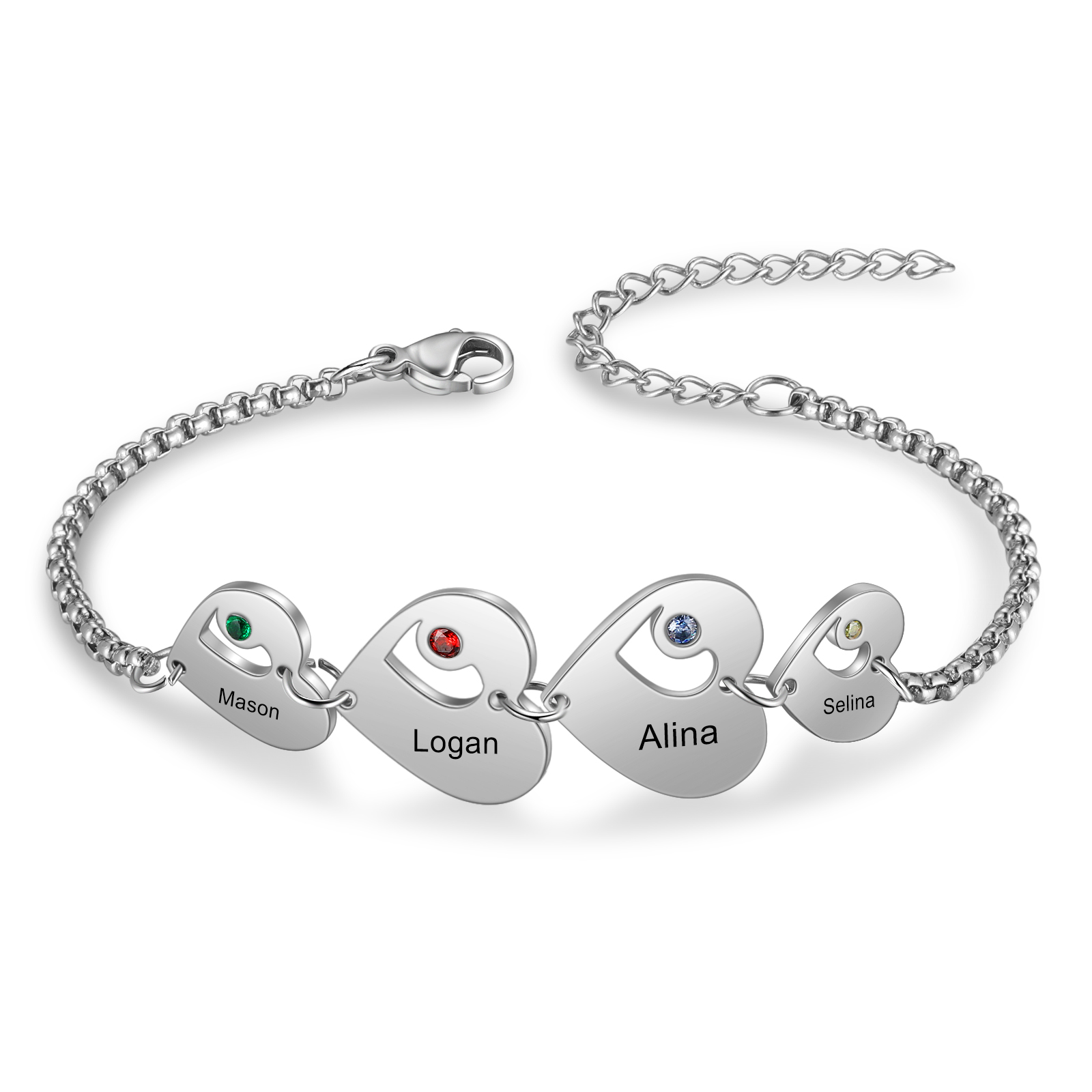 4 Names - Personalised Heart Bracelet Custom Names & Birthstones Family Bracelet Gifts for Her-Jessemade AU