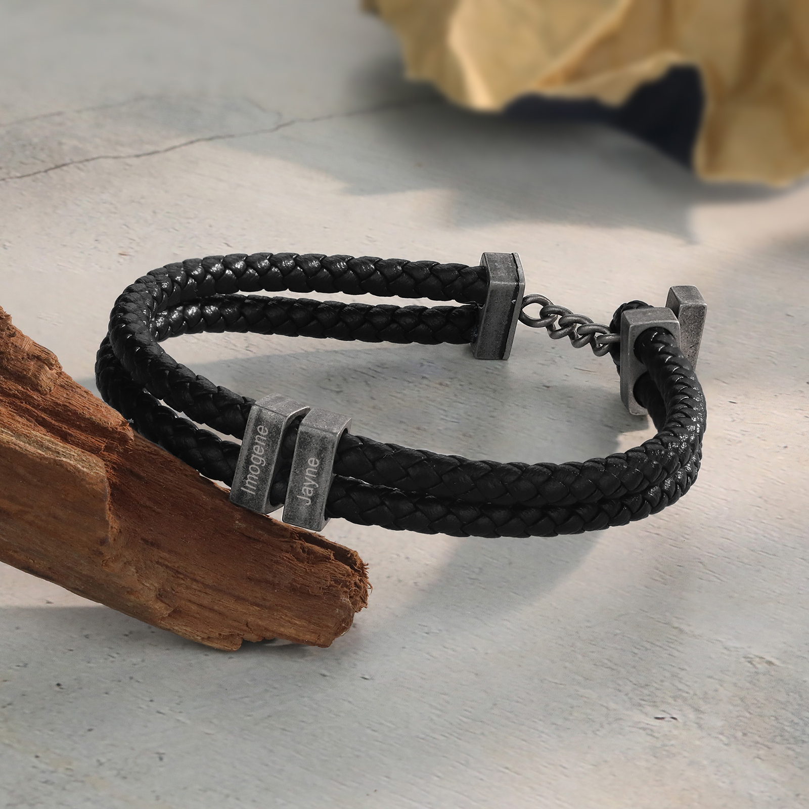 Double Layer Men Name Bracelet Engraved 2 Names Bracelet Woven Leather Bracelet Vintage Gift for Him-Jessemade AU