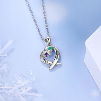 Personalised Heart Necklace With 2 Birthstones Engraved Names Gift For Her-Jessemade AU