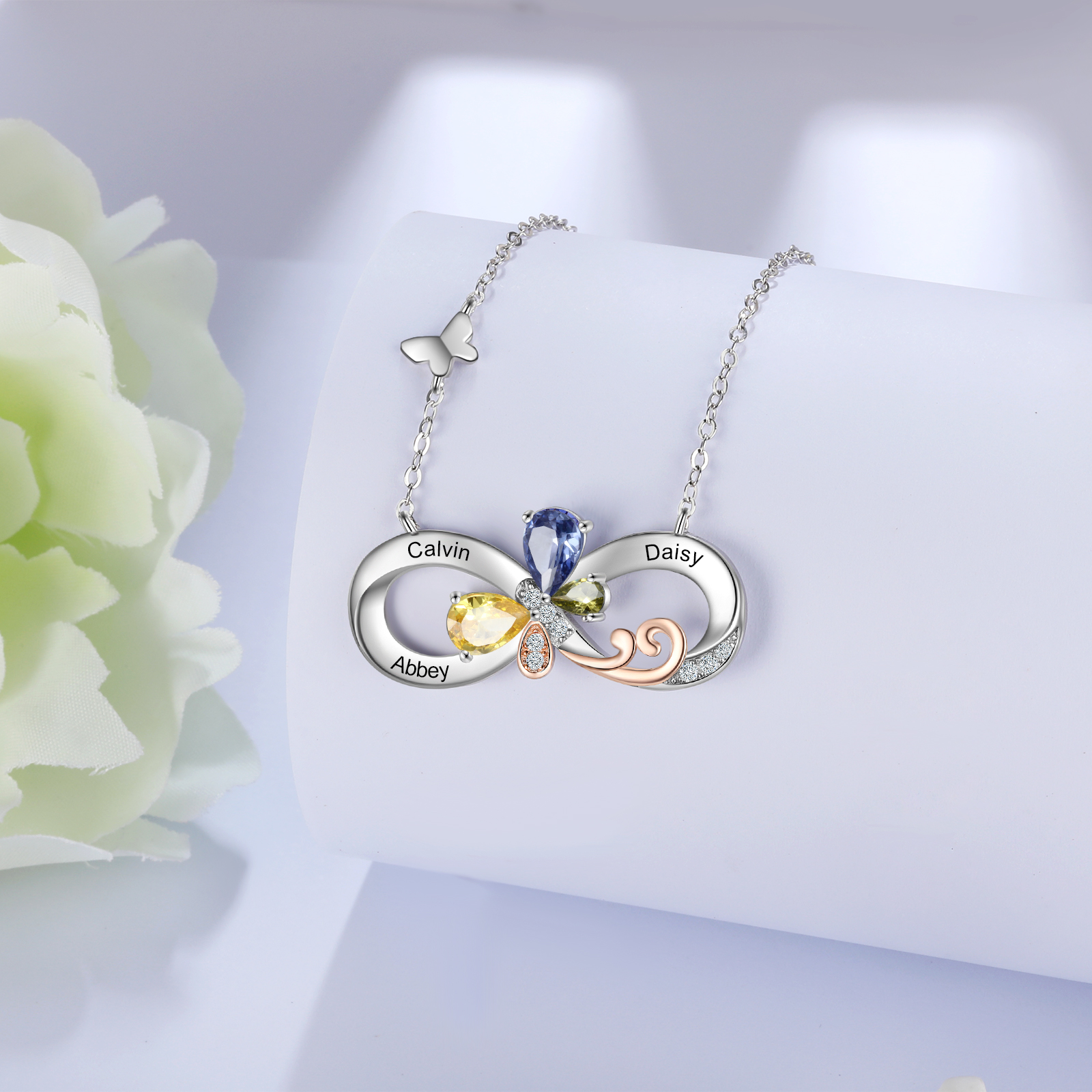 Personalised Infinity Butterfly Necklace With 3 Birthstones Engraved Names Gift For Women-Jessemade AU