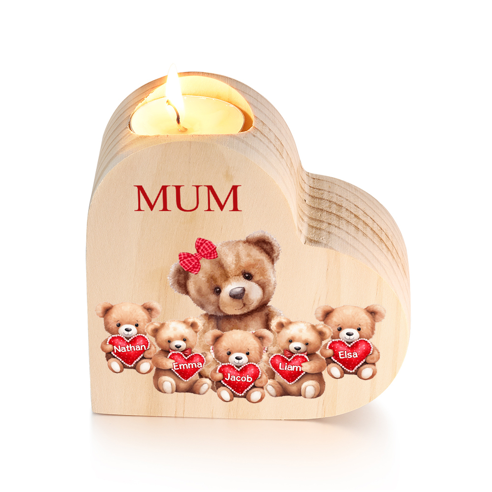 Personalised 5 Names & 1 Text Candle Holder Teddy Bear Wooden Candlestick Gifts for Grandma/Mother-Jessemade AU