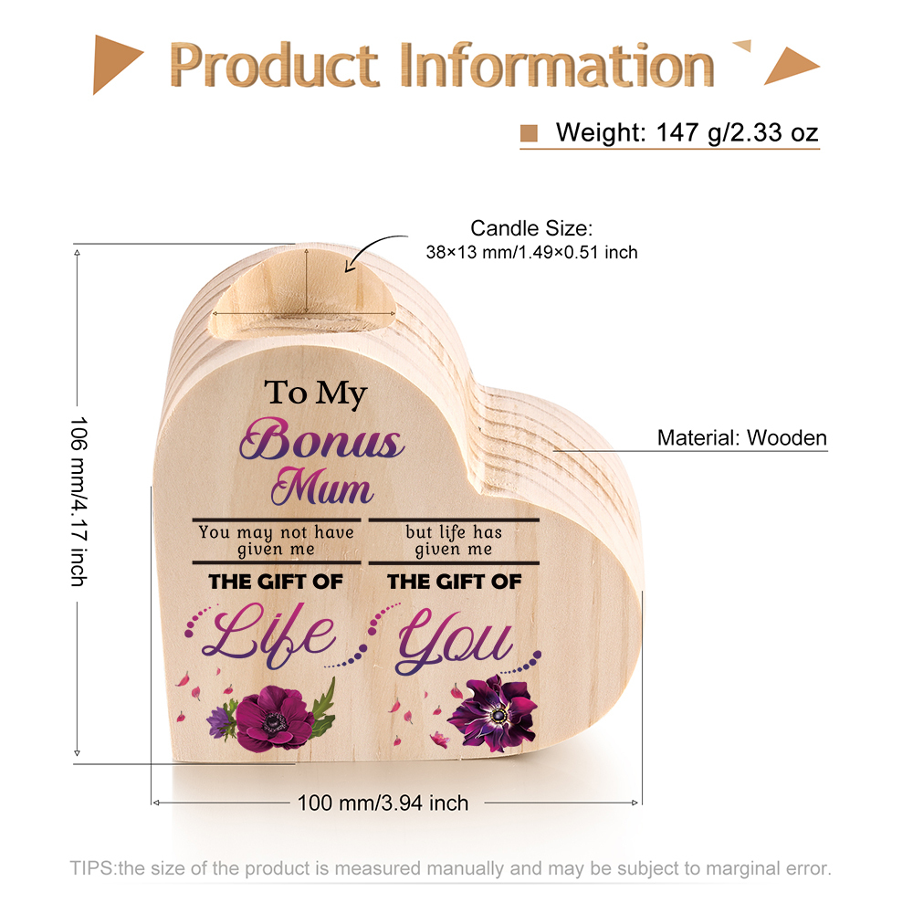 To My Bonus Mom/Mum Violet Flower Heart Candle Holder "Life Has Given Me The Gift of You" Wooden Candlestick-Jessemade AU
