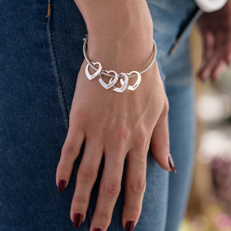 Personalised Love Bracelet with 5 Heart Charms Engraved 5 Names Bangle Bracelet Gift for Her-Jessemade AU