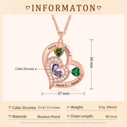 4 Names - Personalised Heart Pendant Necklace Customised Names & Birthstones Necklace Birthday Gift for Her-Jessemade AU