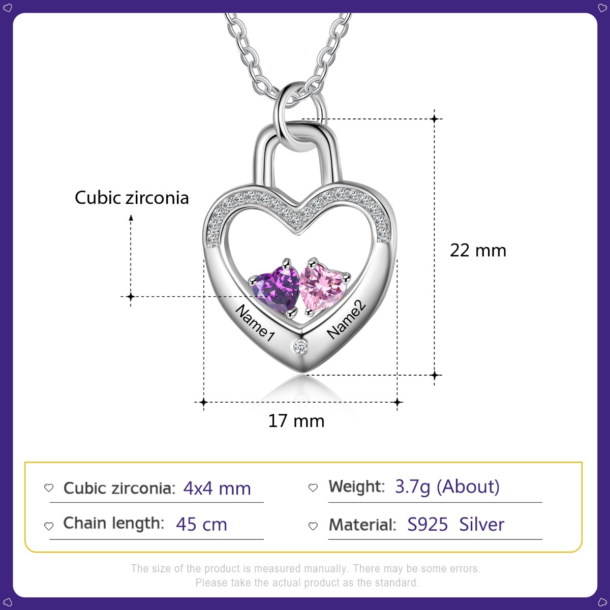 S925 Silver Love Lock Necklace Personalised Heart Necklace with Birthstone for Her-Jessemade AU