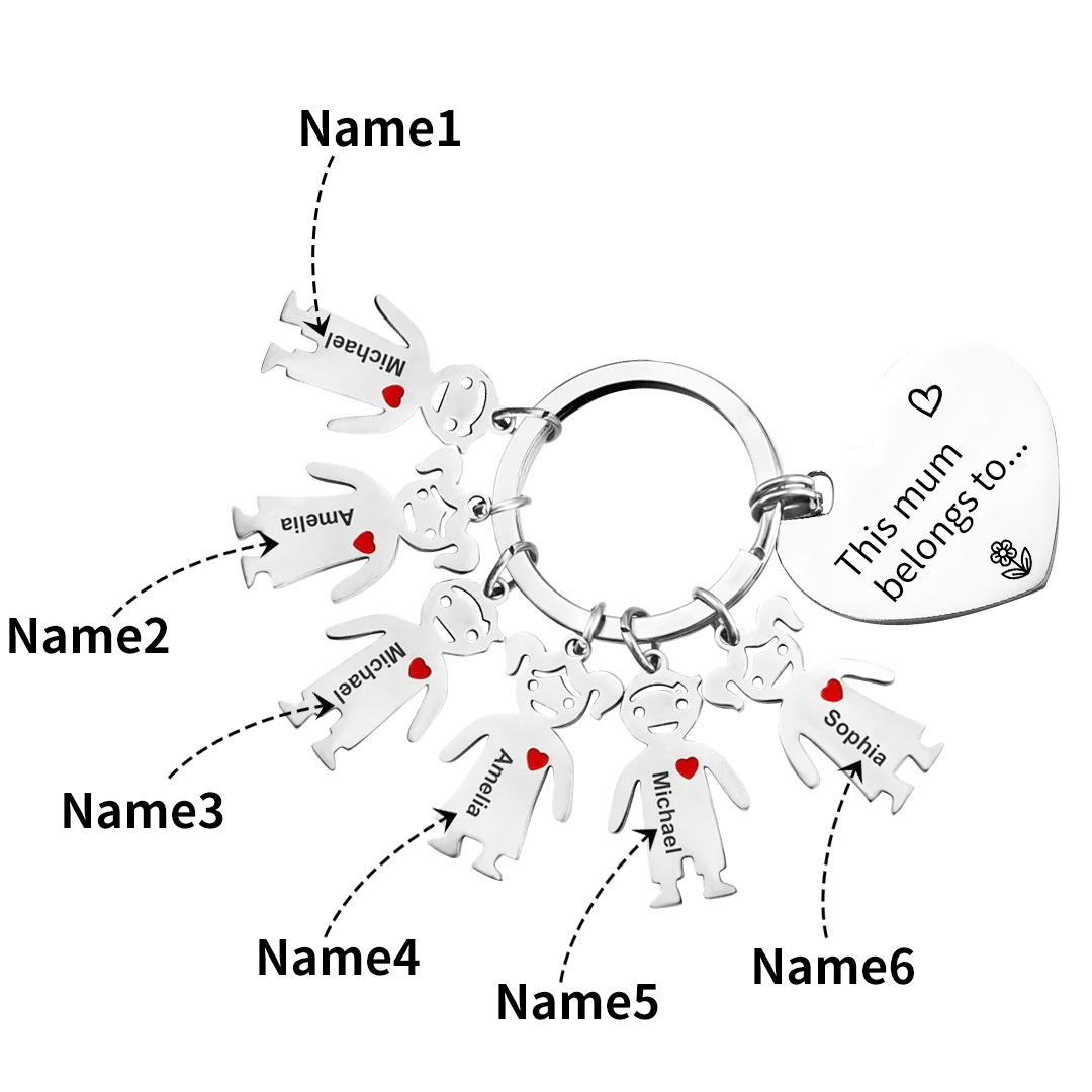 6 Names - Personalised Keychain with Kid Charm Engraved Names Keychain Heart Gift for Nan/Mum-Jessemade AU