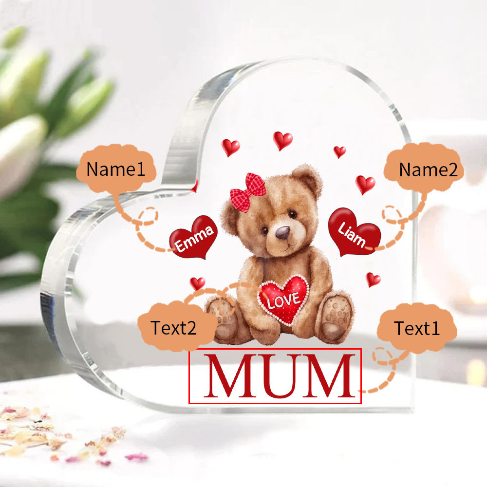 2 Names - Personalised Acrylic Heart Keepsake Custom 2 Texts Teddy Bear Ornaments Gifts for Grandma/Mother-Jessemade AU