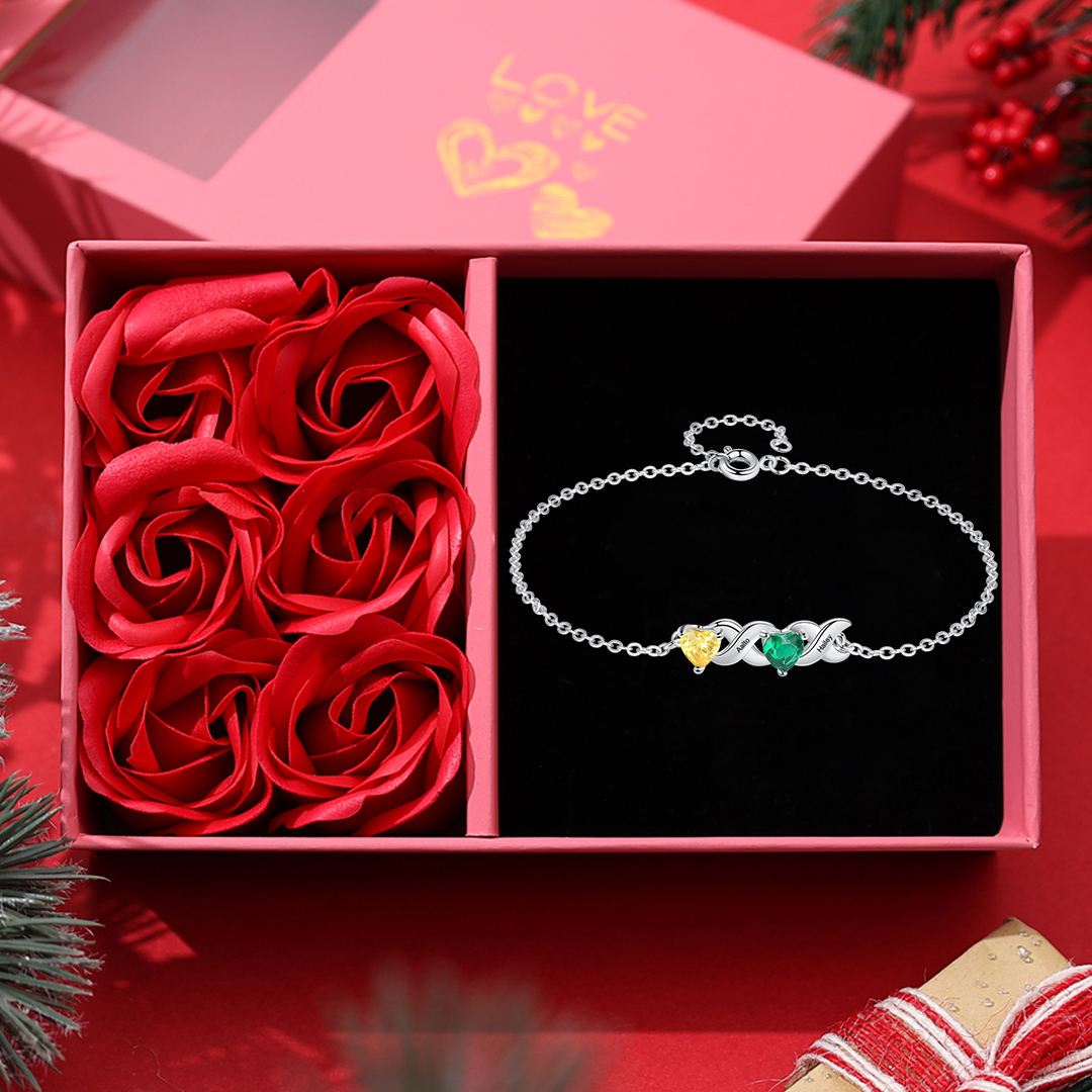 Family Custom Bracelet Heart Personalised with 2 Birthstones Gift Box Set-Jessemade AU