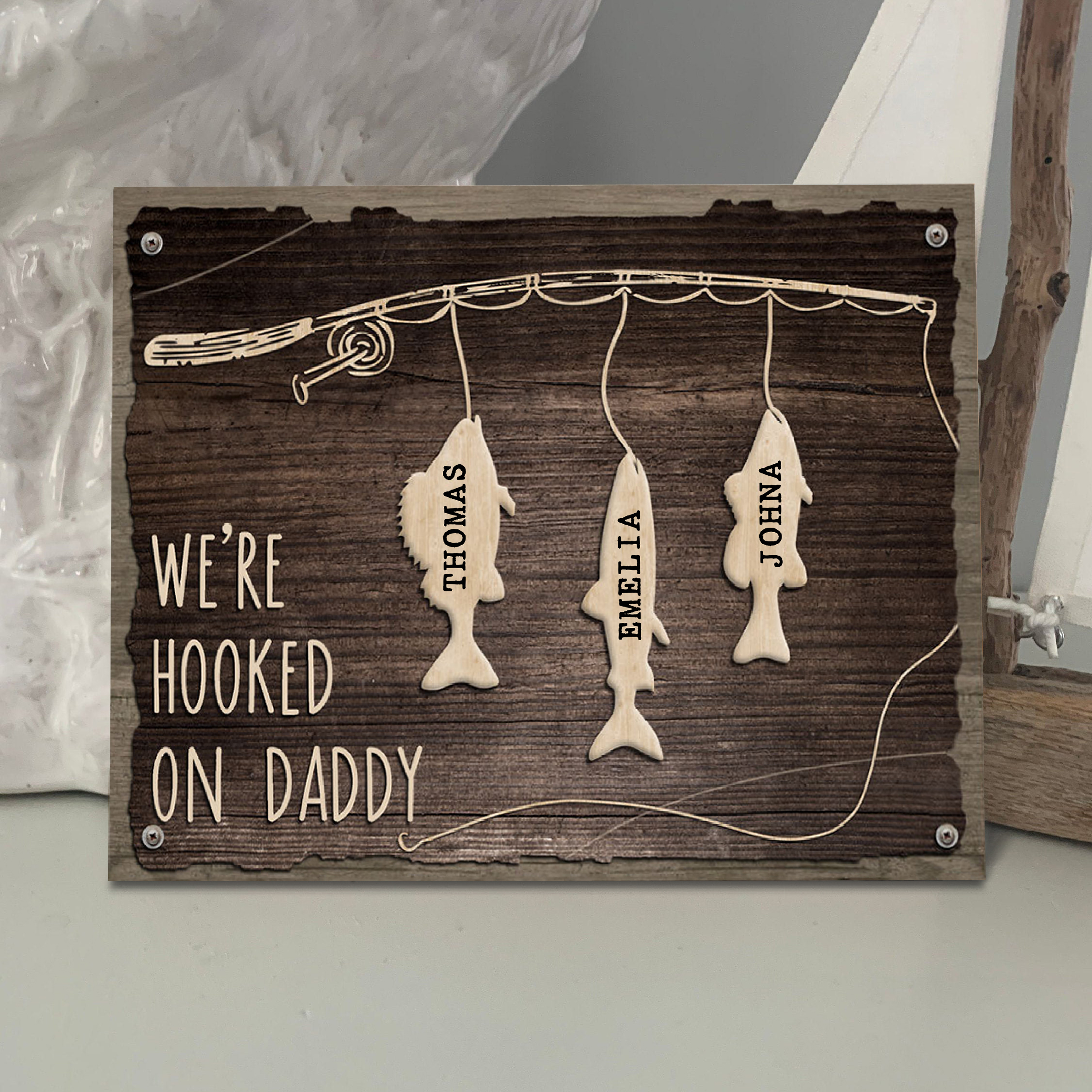 Father's Day Gifts Wood Signs Engrave 3 Names Frame Keepsake -We've Hooked On Daddy-Jessemade AU