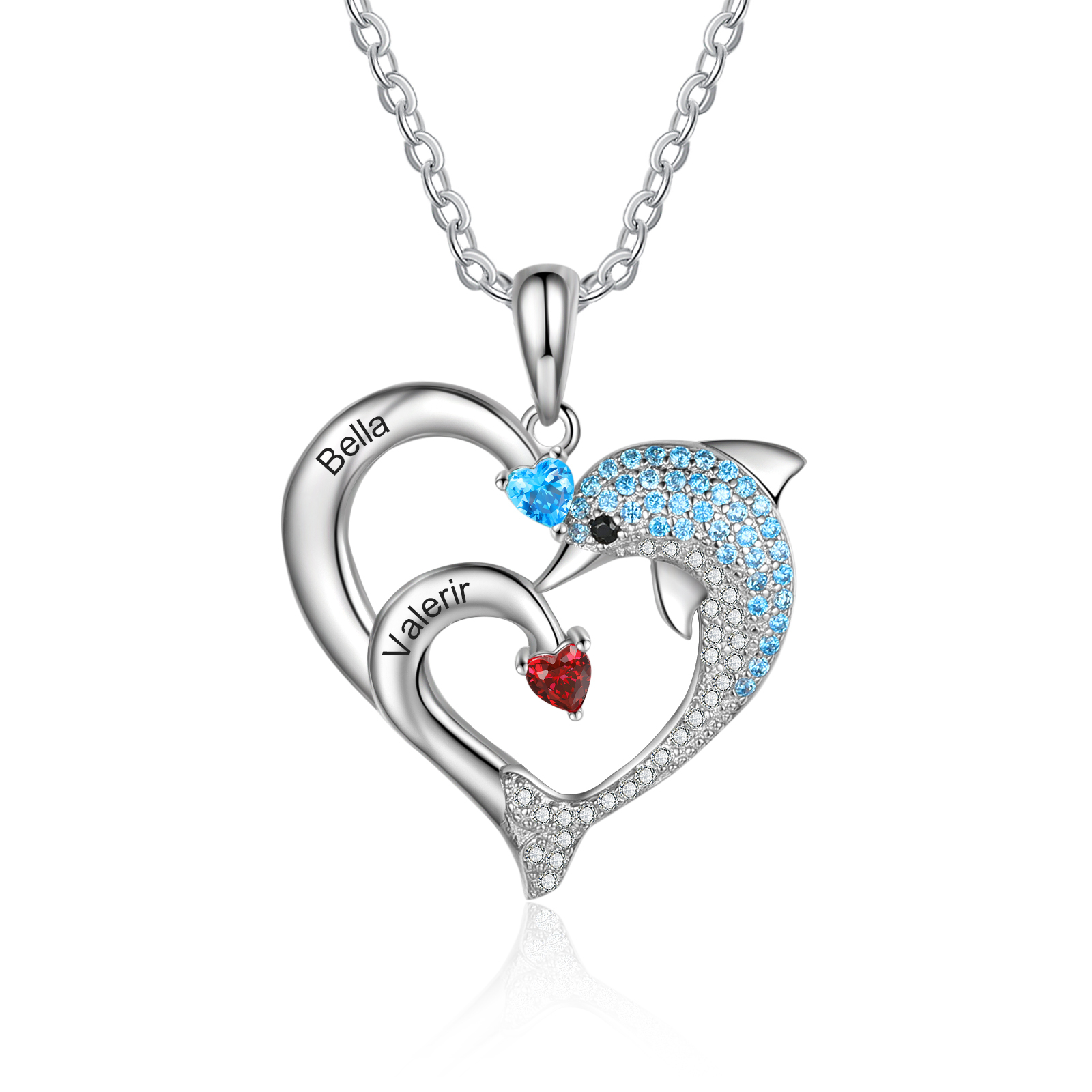 Personalised Heart Dolphin Necklace With 2 Birthstones Engraved Names Gift For Her-Jessemade AU