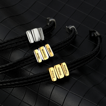 Mens Leather Bracelet with Customised Beads Personalised Three Layer Bracelet Engraved 3 Names-Jessemade AU