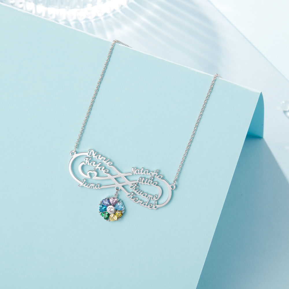 Personalised Infinity Necklace With 7 Birthstones Engraved Names Necklace Gift For Women-Jessemade AU