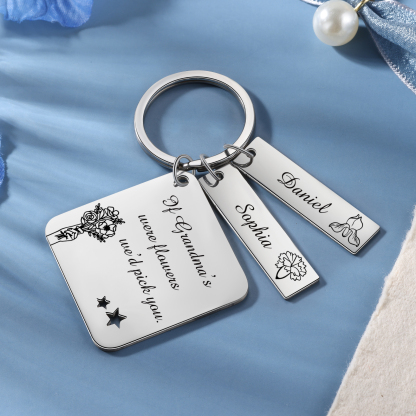 Personalised 2 Names & 2 Birth Flowers Keychain Custom Text Family Keychain Gifts for Mother/Grandma-Jessemade AU