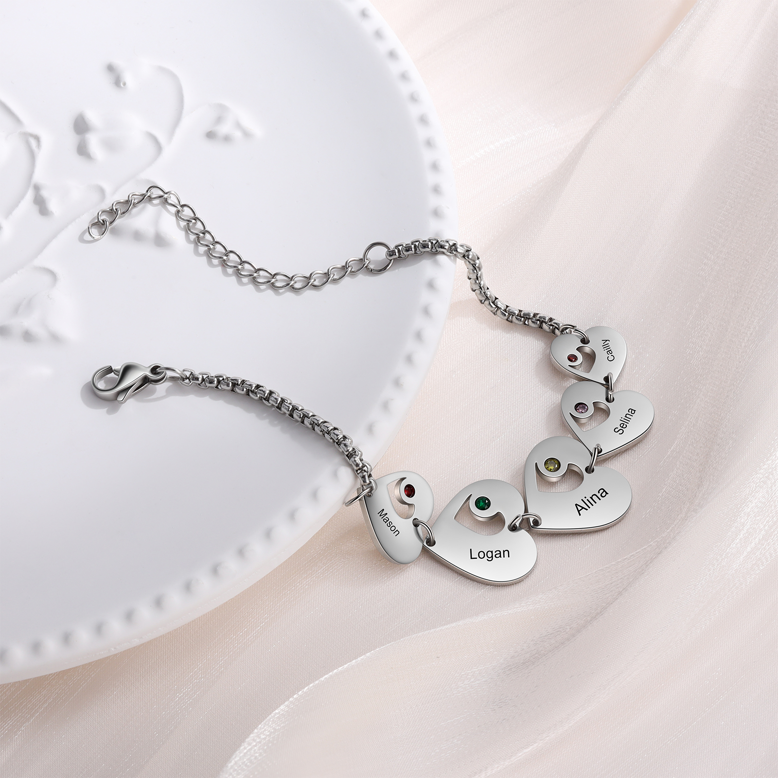 5 Names - Personalised Heart Bracelet Custom Names & Birthstones Family Bracelet Gifts for Her-Jessemade AU