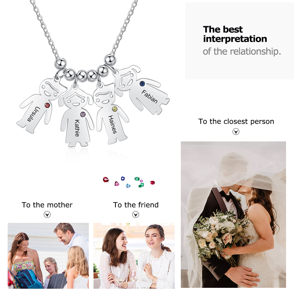 Personalised Kids Charm Necklace With 4 Birthstones Engraved Names Gift For Mother-Jessemade AU