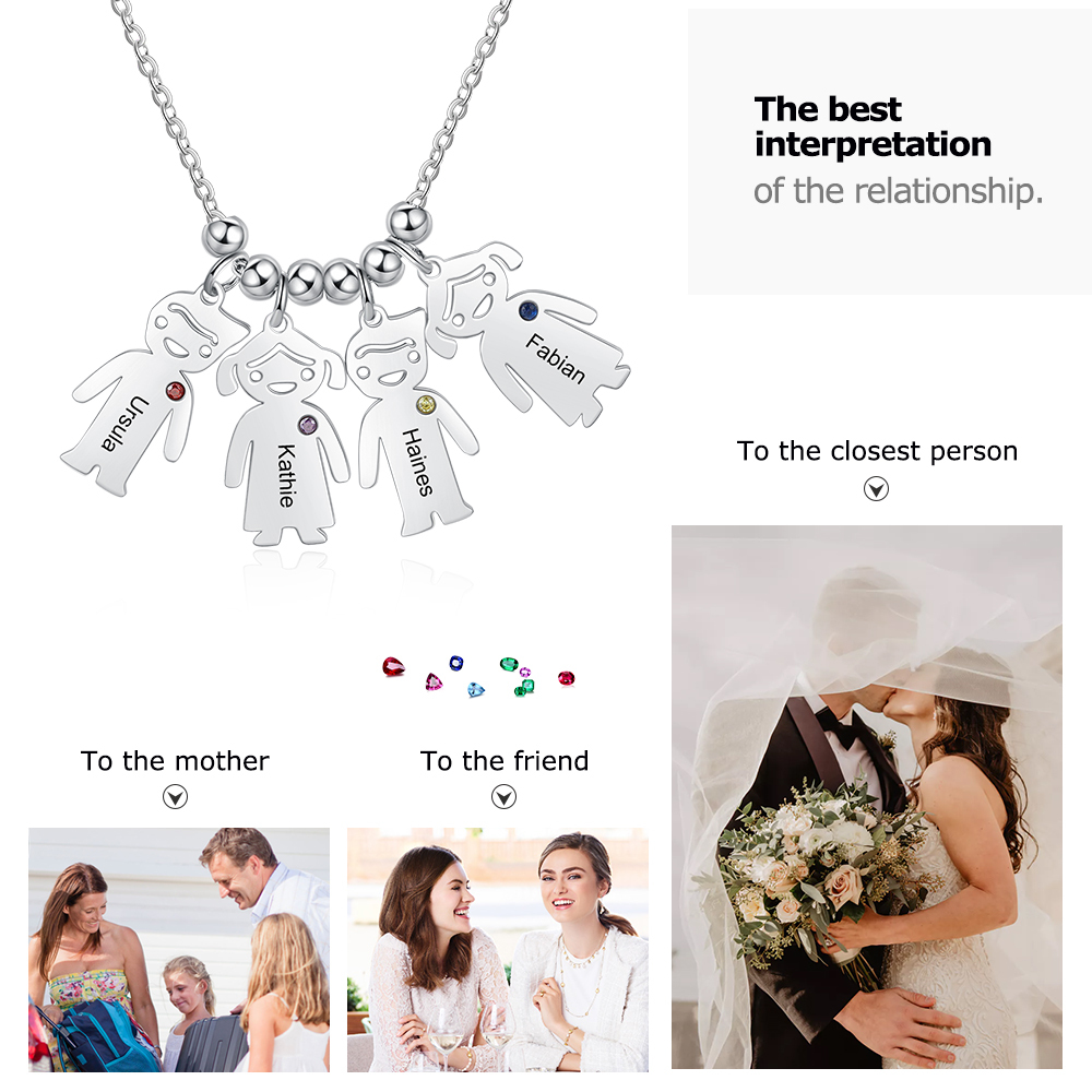 Personalised Kids Charm Necklace With 4 Birthstones Engraved Names Gift For Mother-Jessemade AU