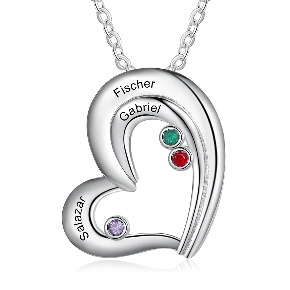 Personalised Heart Necklace With 3 Birthstones Engraved Names Gift For Her-Jessemade AU