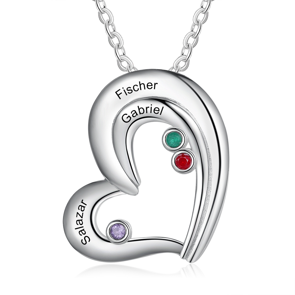 Personalised Heart Necklace With 3 Birthstones Engraved Names Gift For Her-Jessemade AU