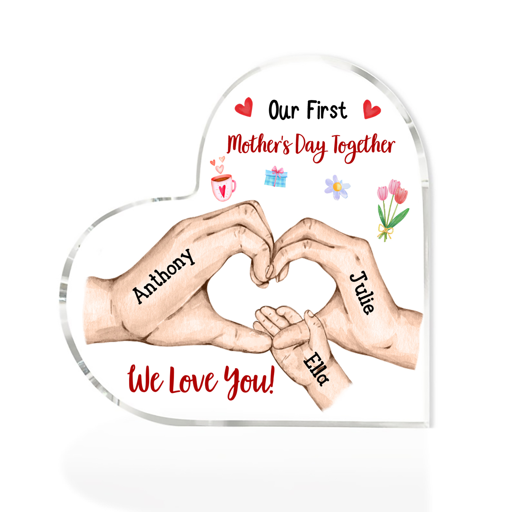 Our First Mother's Day Together - Personalised Text Acrylic Heart Keepsake Family Hands Custom 3 Names Ornaments-Jessemade AU