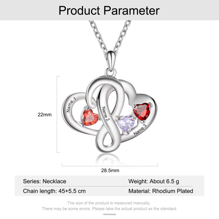 Personalised Double Hearts Birthstone Necklace With Engraving 3 Names For Lover-Jessemade AU