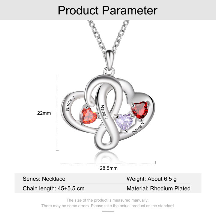 Personalised Double Hearts Birthstone Necklace With Engraving 3 Names For Lover-Jessemade AU