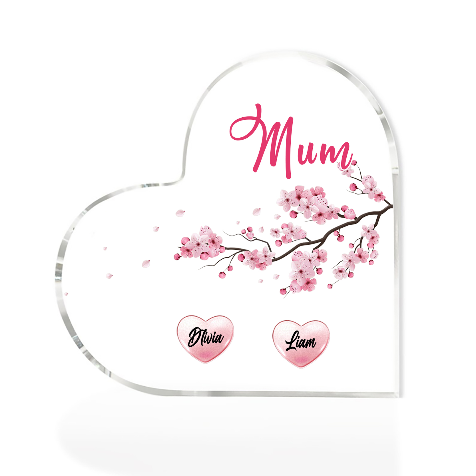 2 Names - Personalised Acrylic Heart Keepsake Custom Text Peach Blossom Ornaments Gifts for Grandma/Mother-Jessemade AU