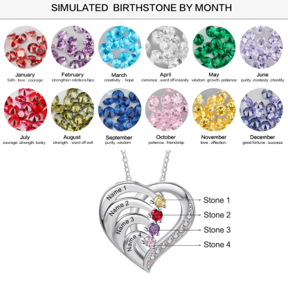 Personalised Mother Necklace 4 Stones Engraved 4 Names Birthstone Family Heart Pendant Gifts for Her-Jessemade AU