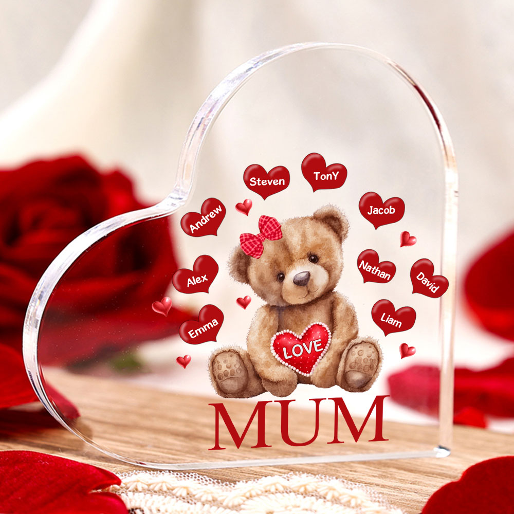 9 Names - Personalised Acrylic Heart Keepsake Custom 2 Texts Teddy Bear Ornaments Gifts for Grandma/Mother-Jessemade AU